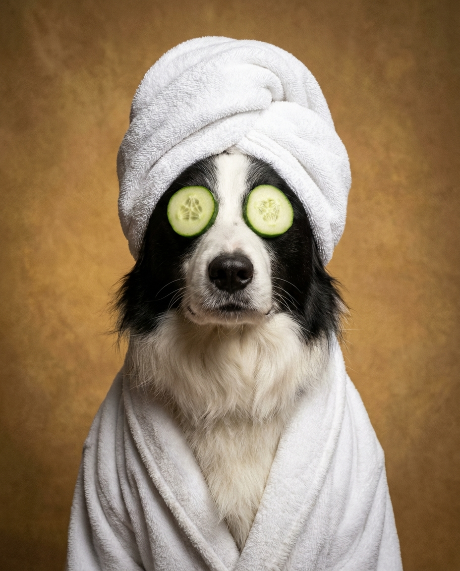 Border Collie spa portrait on bathroom wall