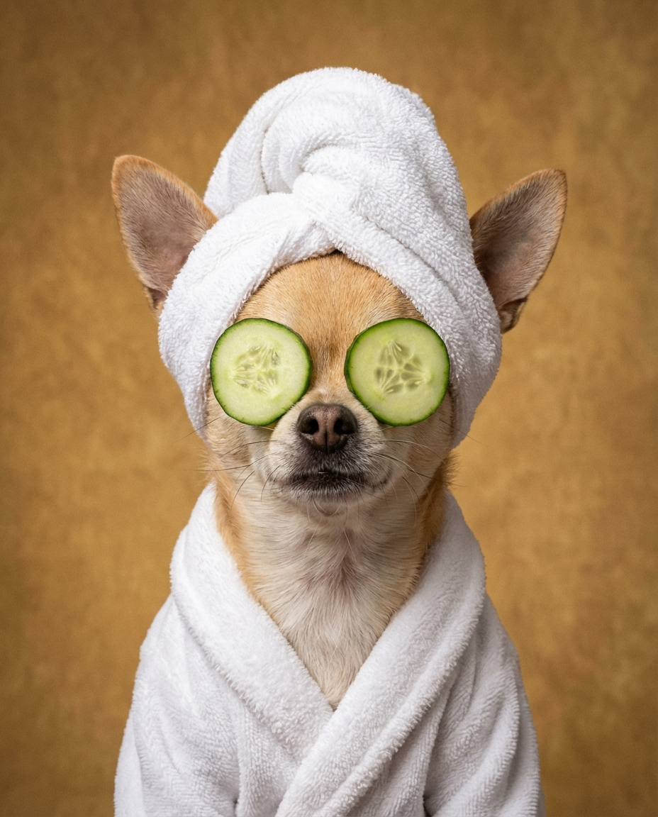Chihuahua dog spa portrait bohemian bathroom