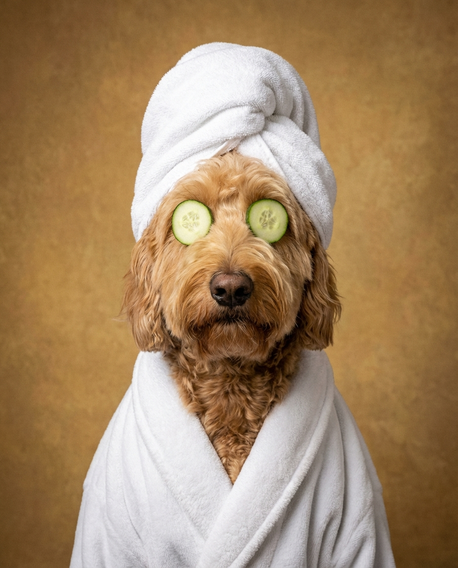 Goldendoodle spa portrait in luxury robe