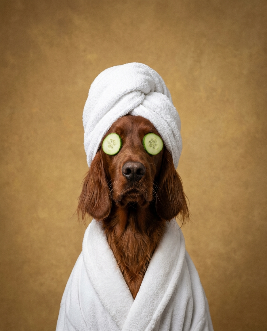 Irish Setter spa portrait in real bathroom