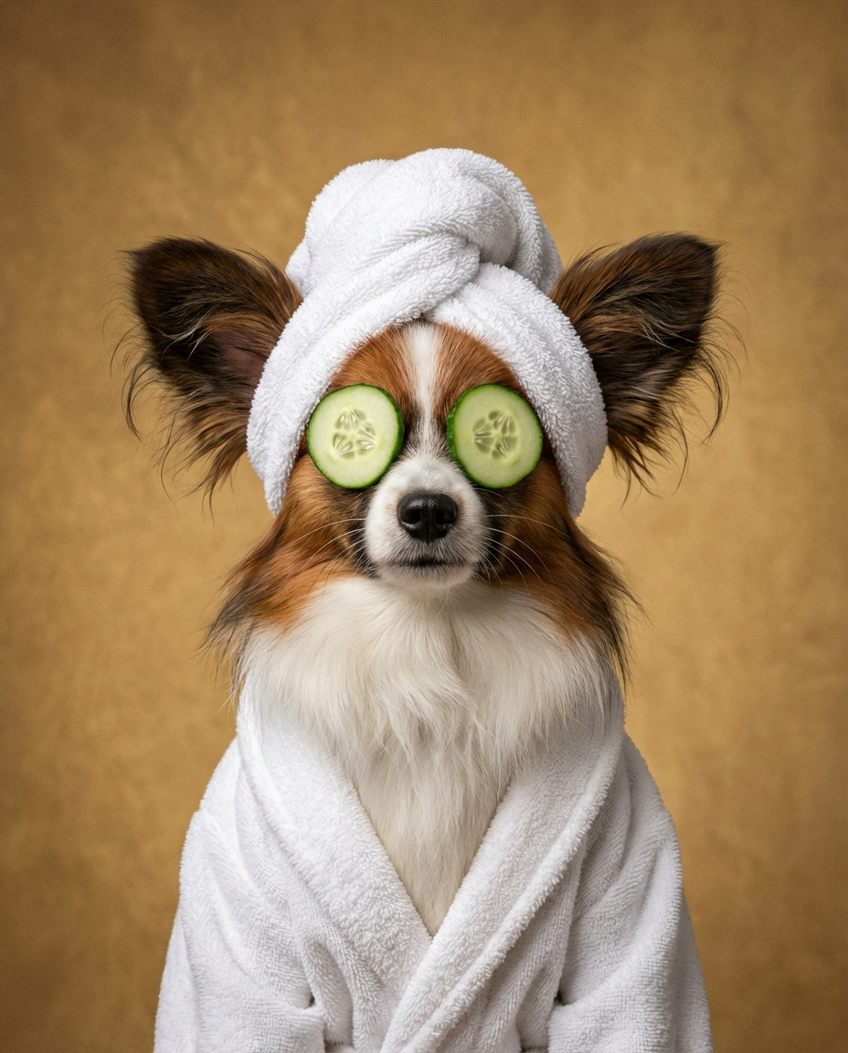 Papillon dog spa portrait luxury bathroom