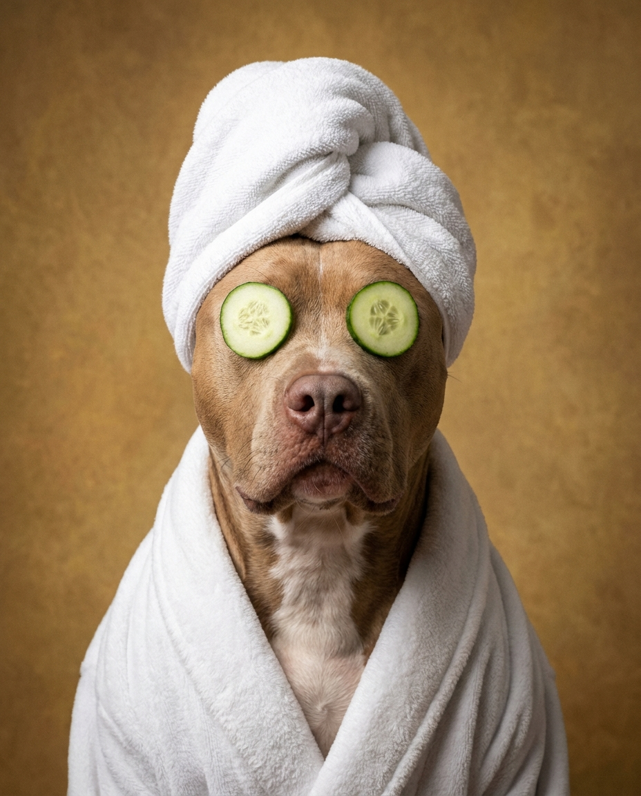 Customer sharing their German Shepherd spa portrait in bathroom