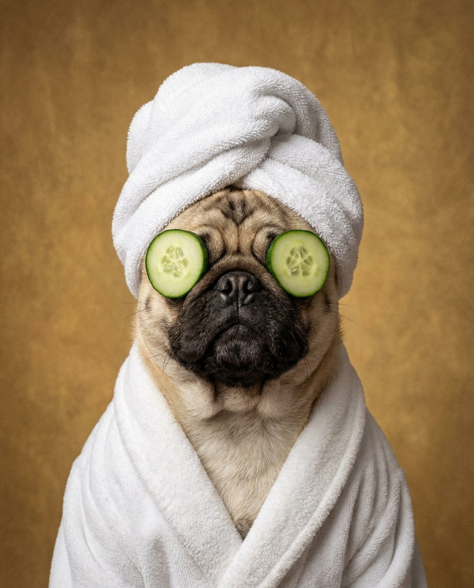 Pug dog spa portrait farmhouse bathroom