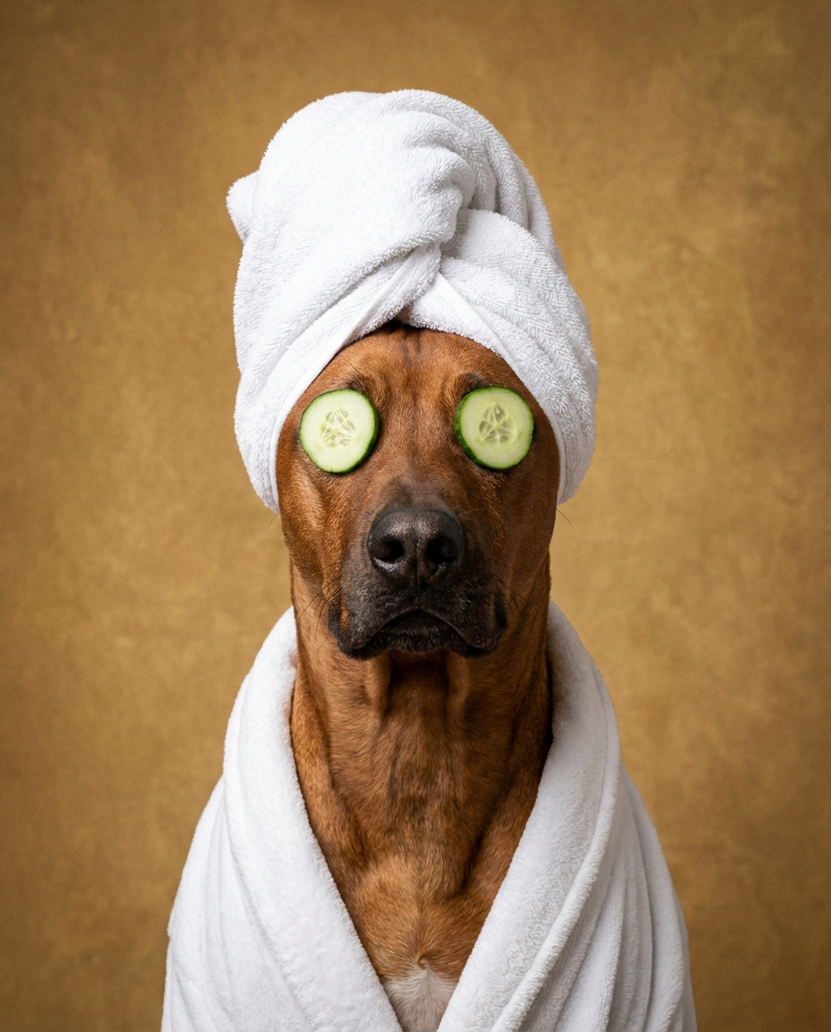 Rhodesian Ridgeback spa portrait in home bathroom