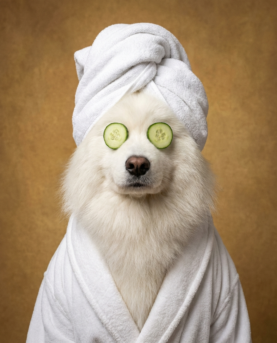 Samoyed dog spa portrait with towel turban and robe