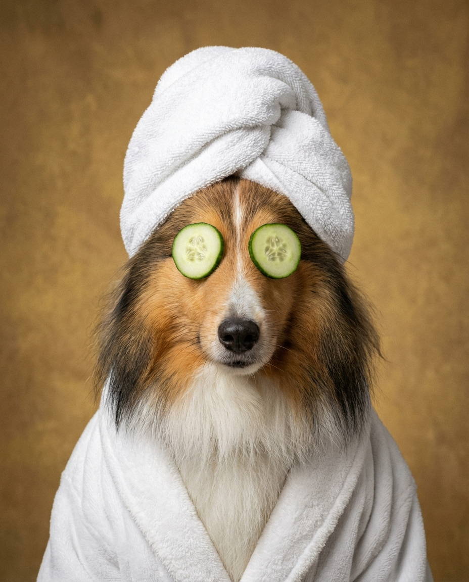 Shetland Sheepdog spa portrait coastal bathroom