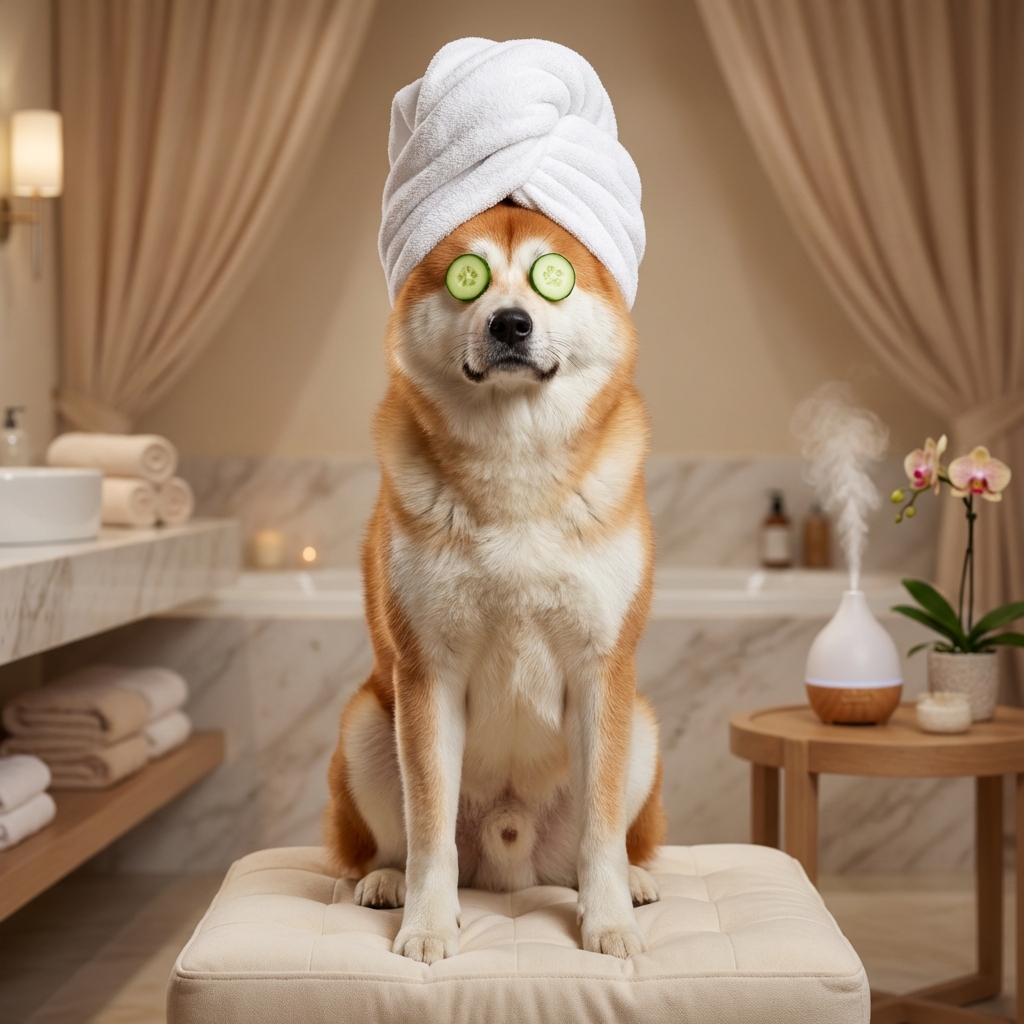 Akita spa portrait with cucumber eyes and towel turban