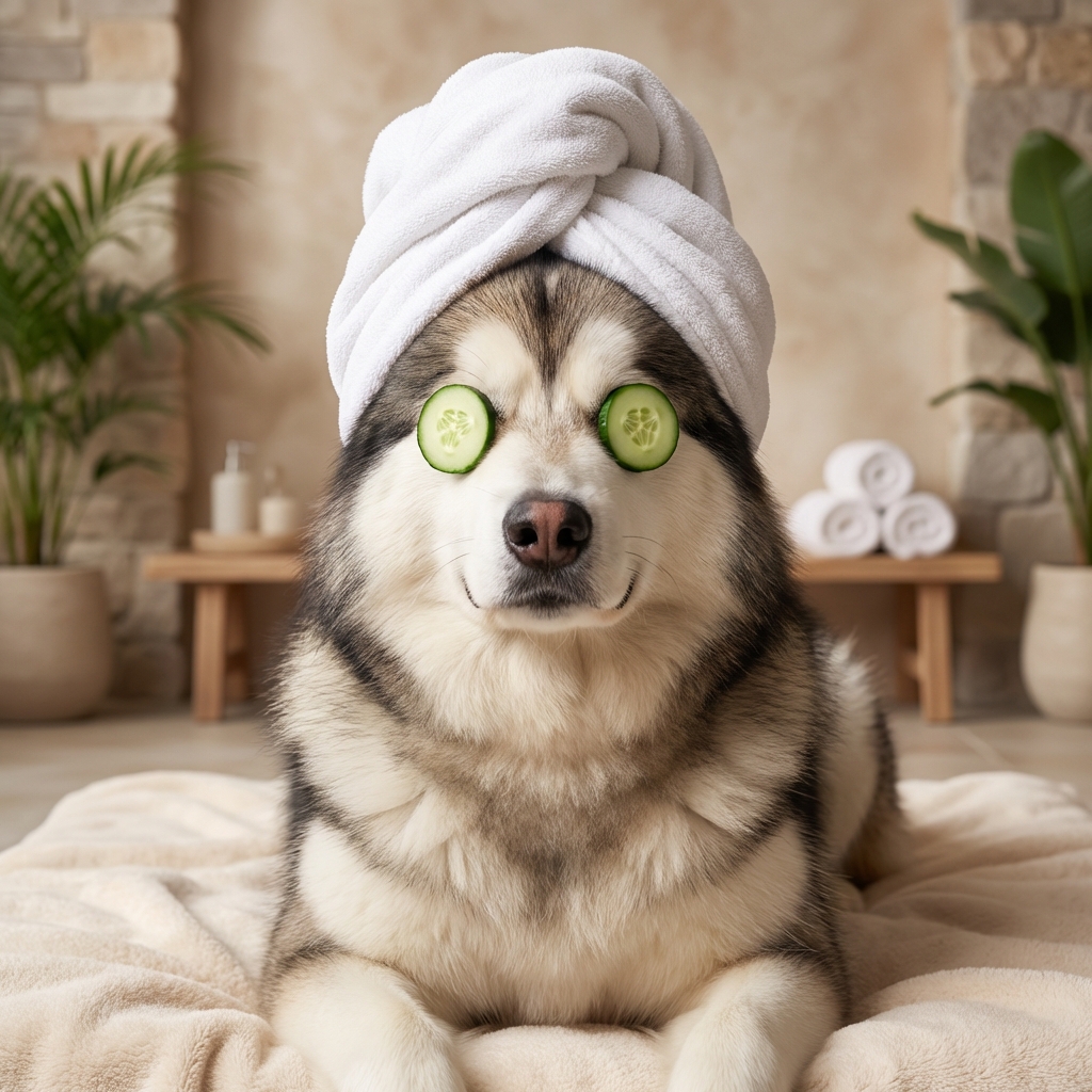 Alaskan Malamute spa portrait with cucumber eyes and towel turban