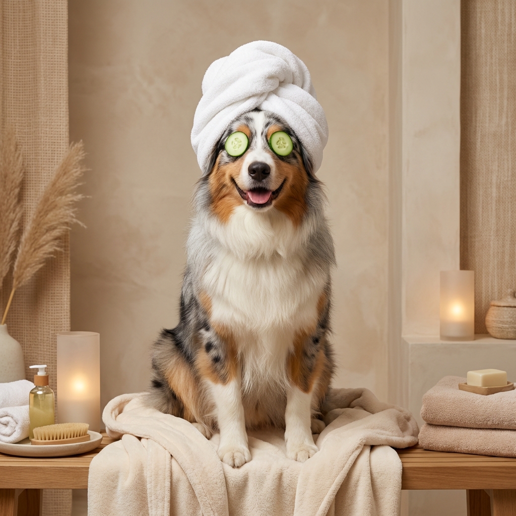Australian Shepherd spa portrait with cucumber eyes and towel turban