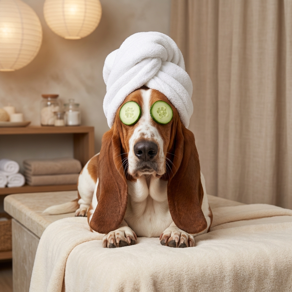 Basset Hound spa portrait with cucumber eyes and towel turban