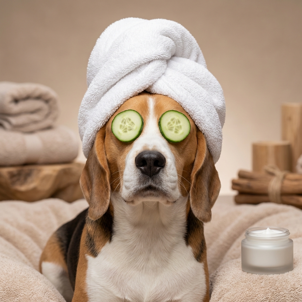 Beagle spa portrait with cucumber eyes and towel turban