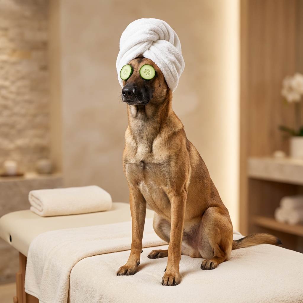Belgian Malinois spa portrait with cucumber eyes and towel turban