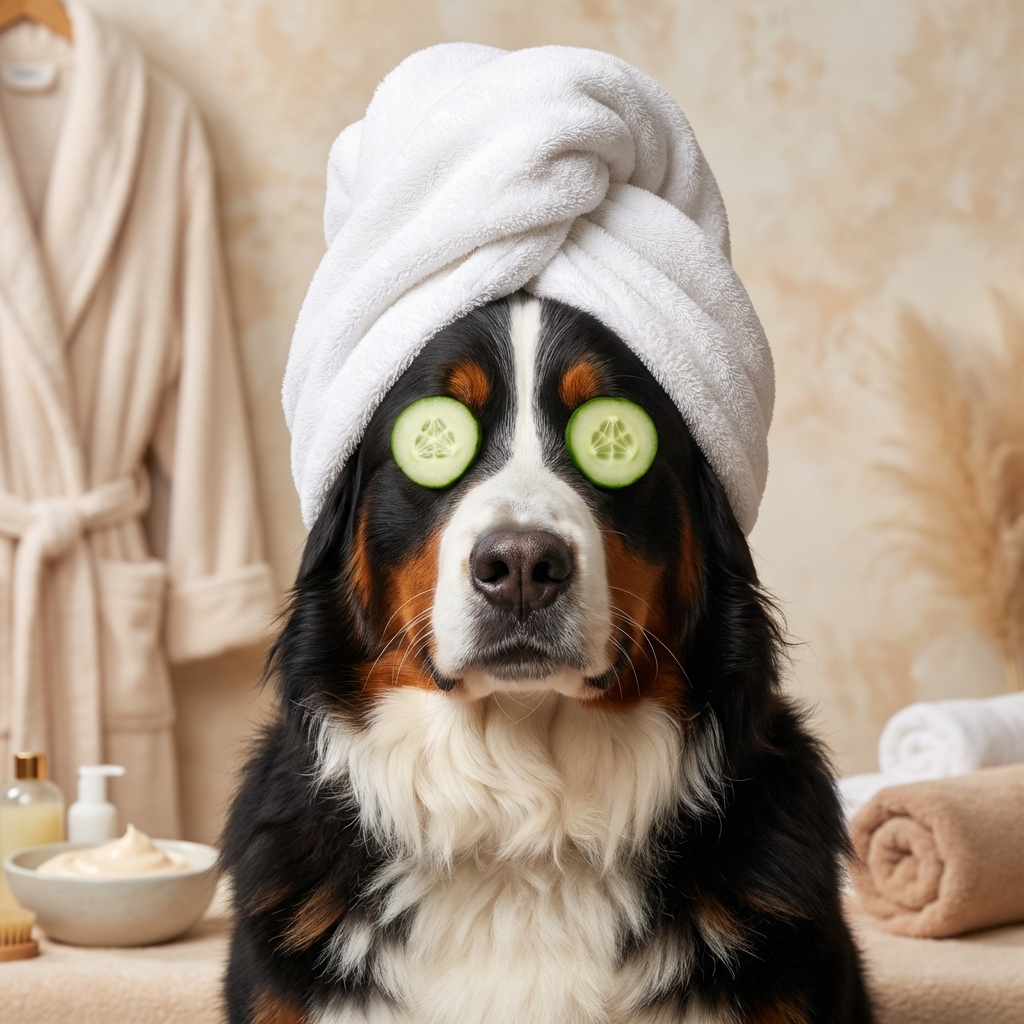 Bernese Mountain Dog spa portrait with cucumber eyes and towel turban