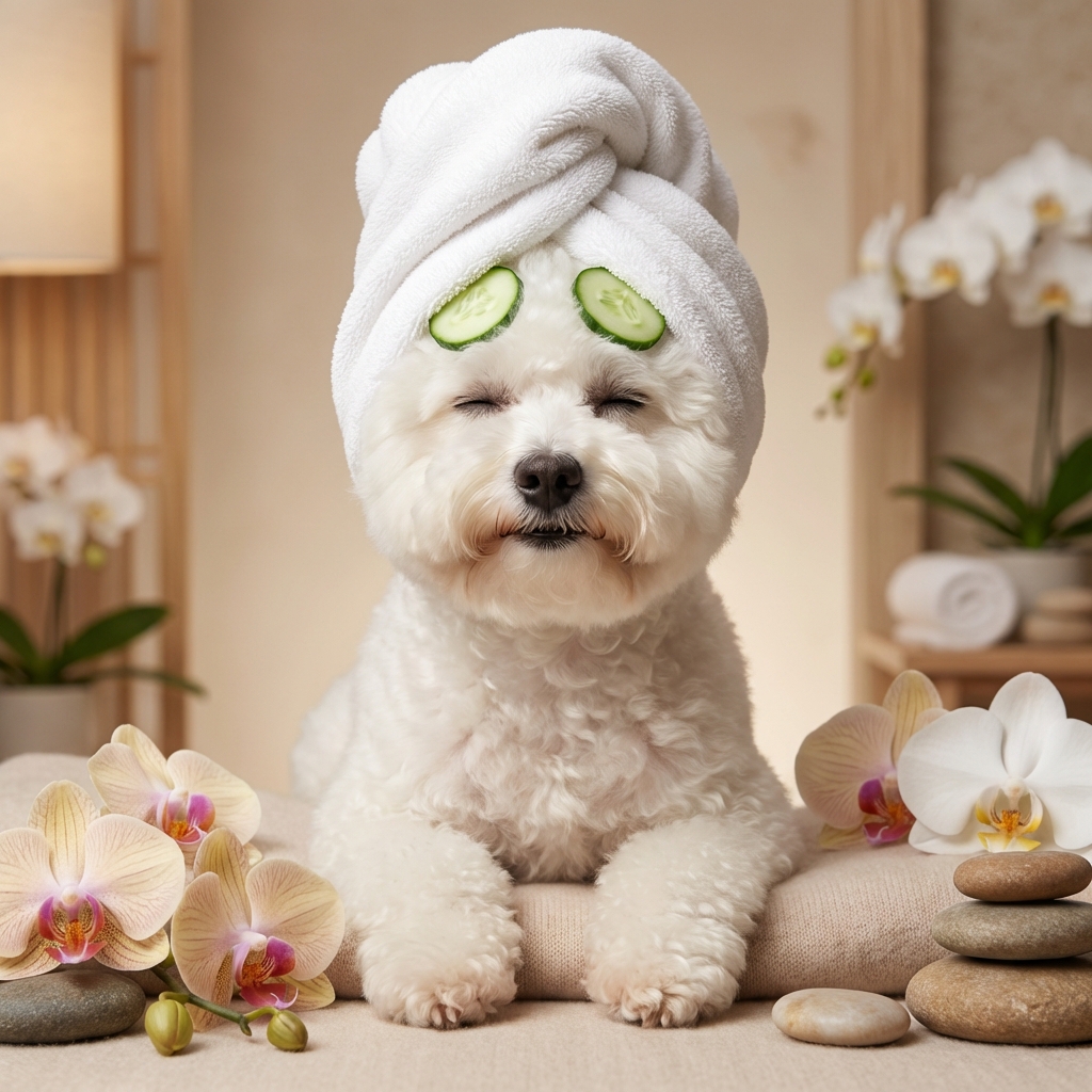 Bichon Frise spa portrait with cucumber eyes and towel turban