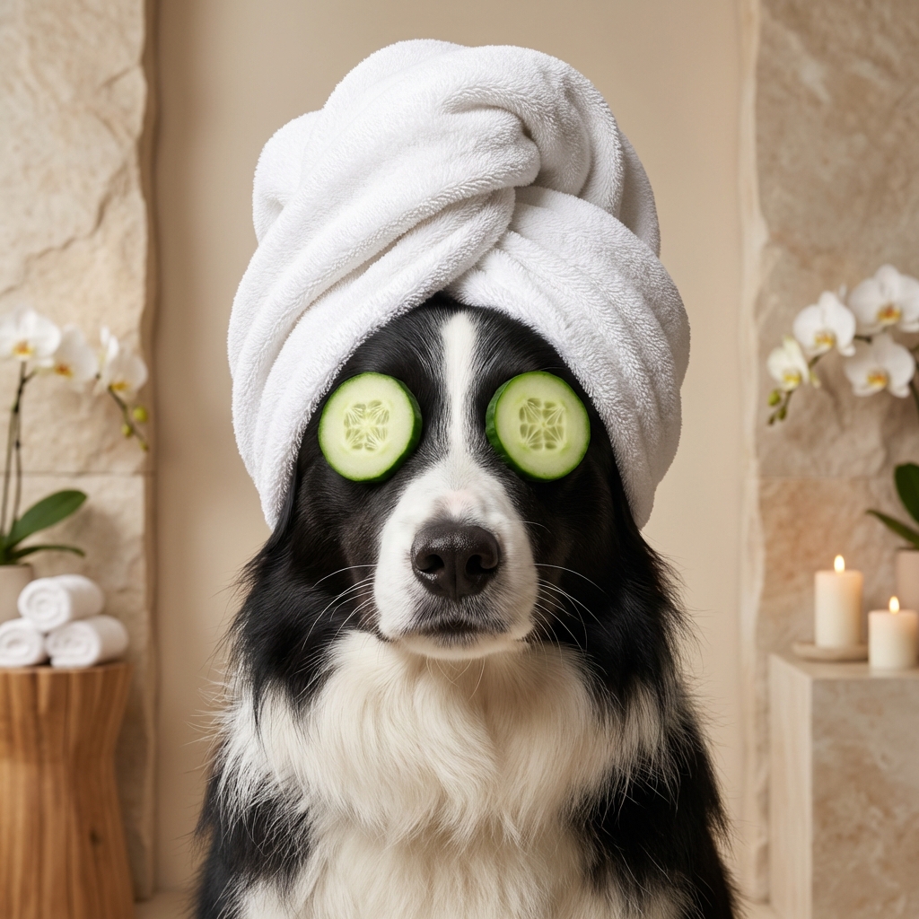 Border Collie spa portrait with cucumber eyes and towel turban