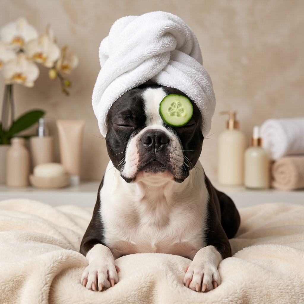 Boston Terrier spa portrait with cucumber eyes and towel turban