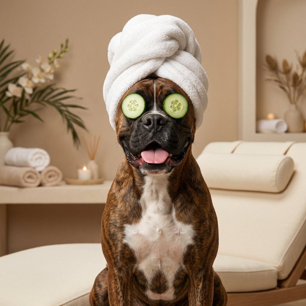 Boxer spa portrait with cucumber eyes and towel turban