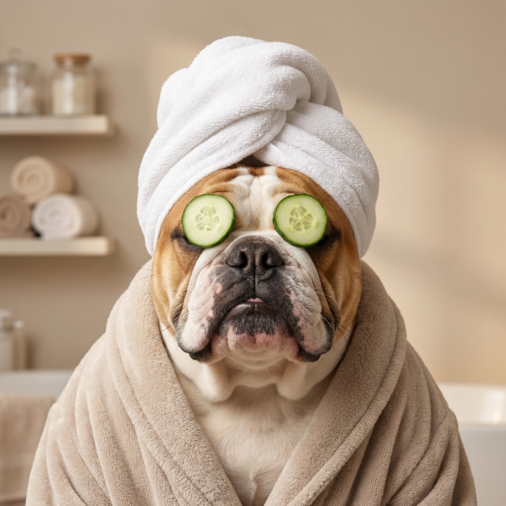 Bulldog spa portrait with cucumber eyes and towel turban