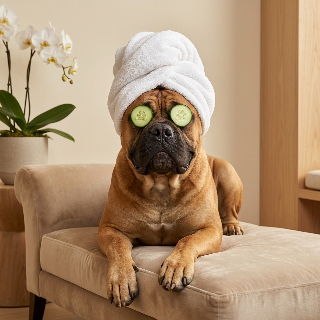 Bullmastiff spa portrait with cucumber eyes and towel turban