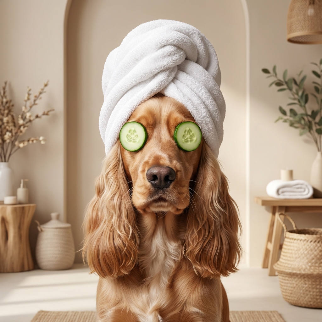 Cocker Spaniel spa portrait with cucumber eyes and towel turban