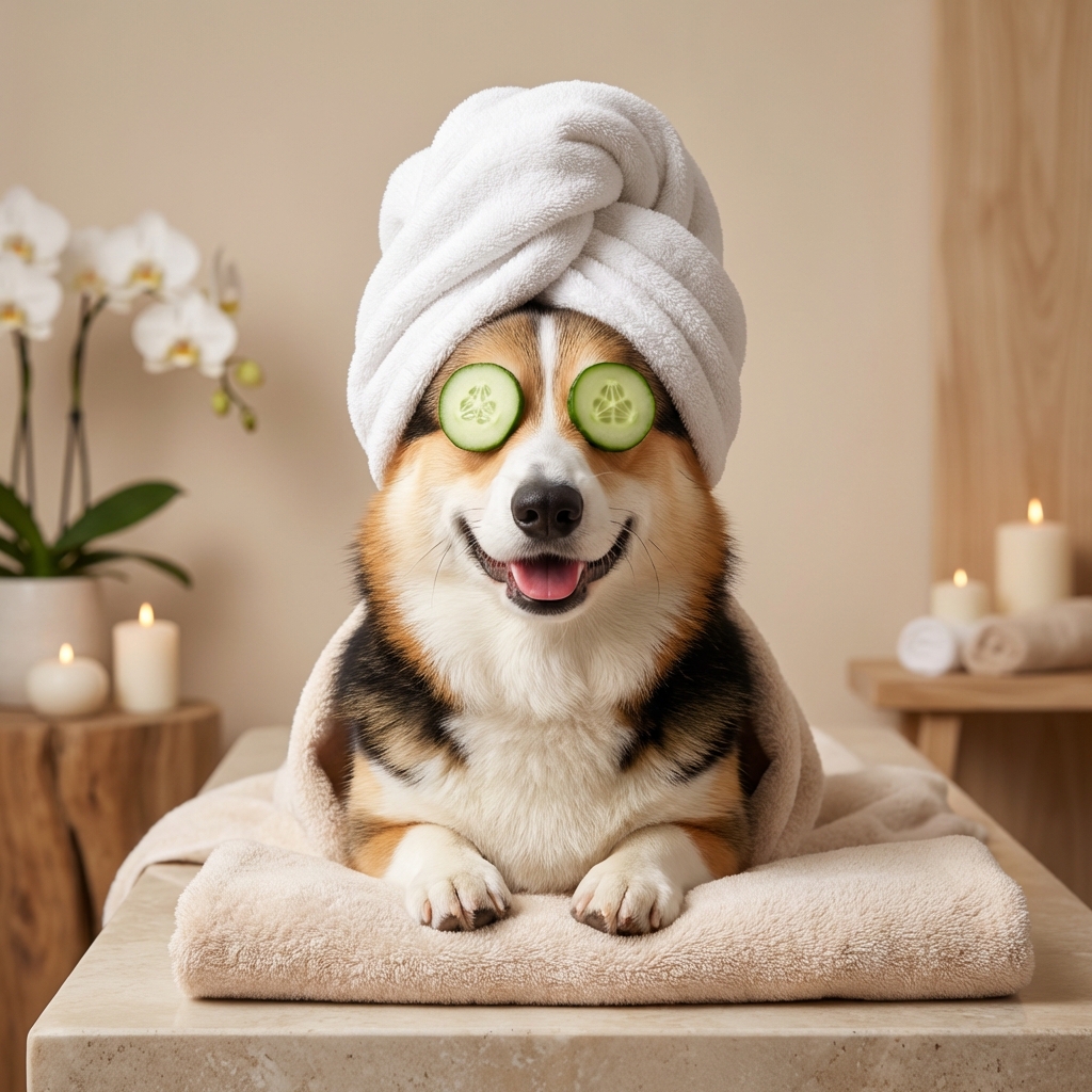 Corgi spa portrait with cucumber eyes and towel turban