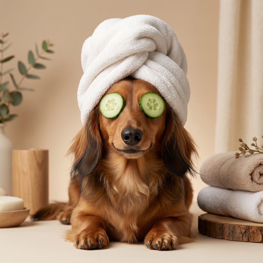 Dachshund spa portrait with cucumber eyes and towel turban