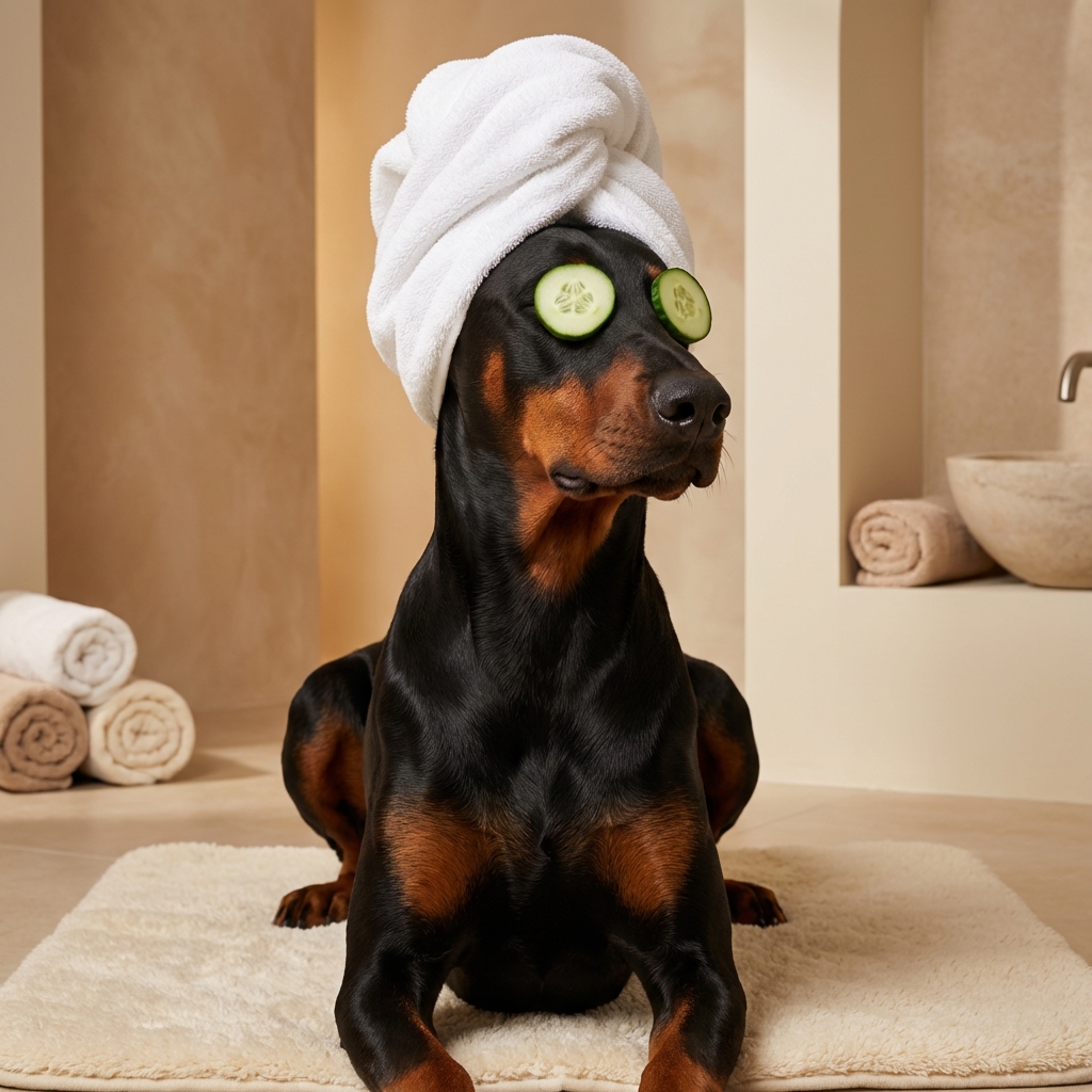 Doberman spa portrait with cucumber eyes and towel turban