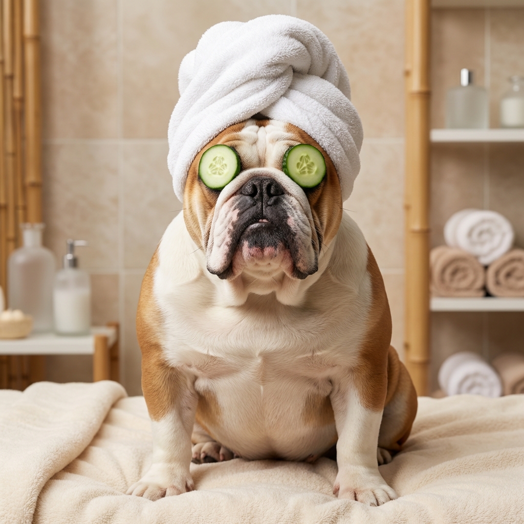 Bulldog spa portrait with cucumber eyes and towel turban