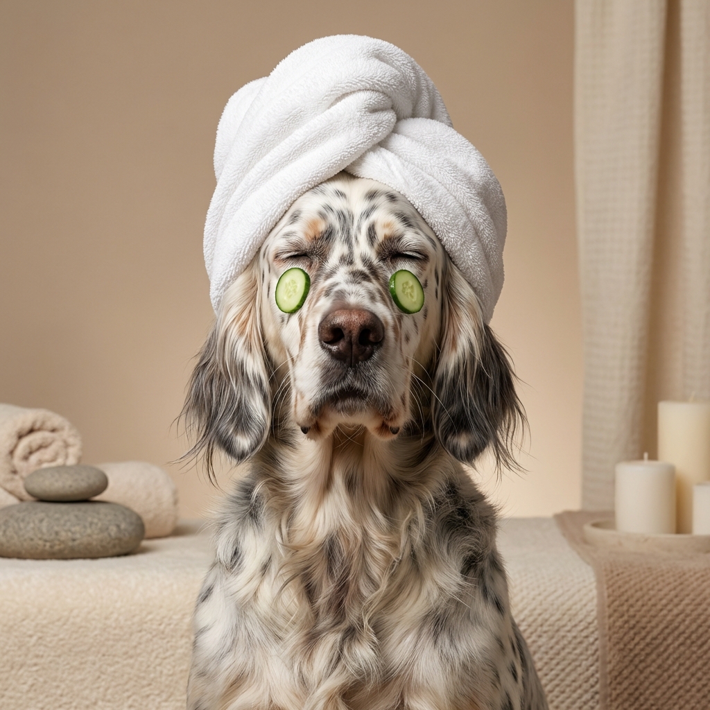 English Setter spa portrait with cucumber eyes and towel turban