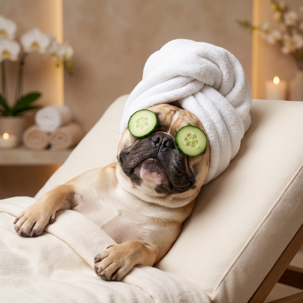 French Bulldog spa portrait with cucumber eyes and towel turban