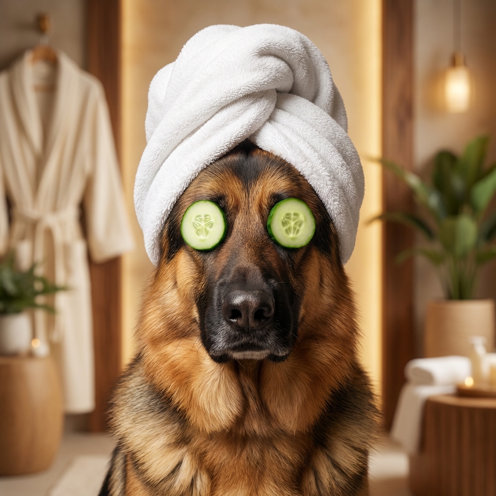 German Shepherd spa portrait with cucumber eyes and towel turban