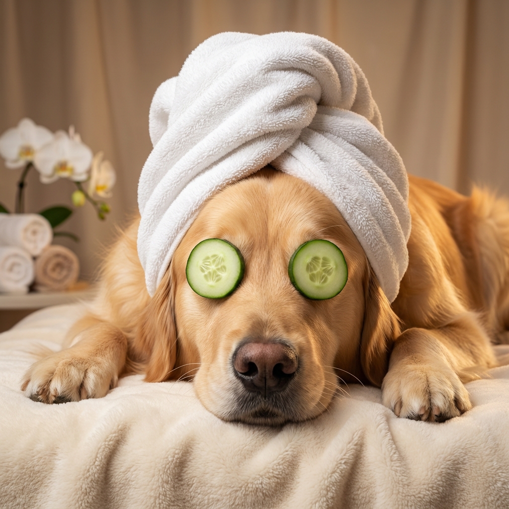 Golden Retriever spa portrait with cucumber eyes and towel turban