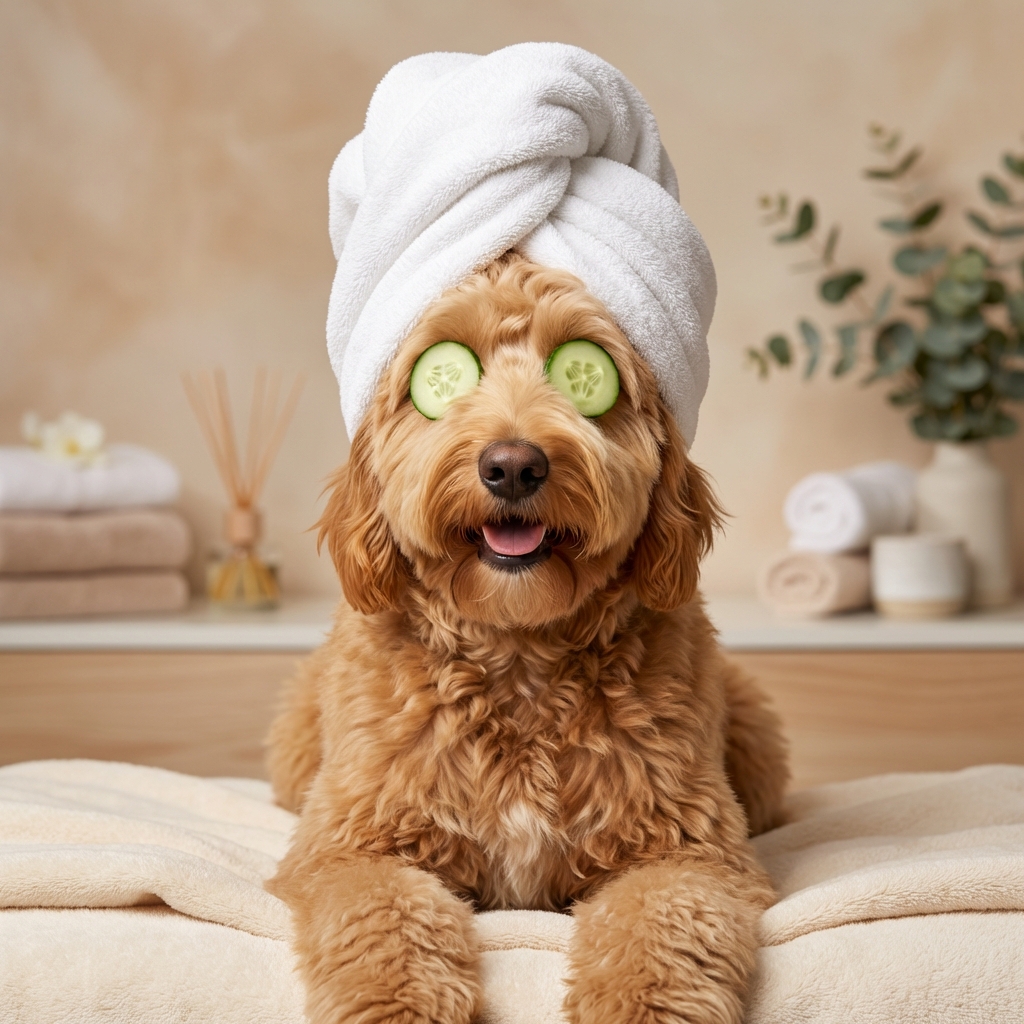 Goldendoodle spa portrait with cucumber eyes and towel turban