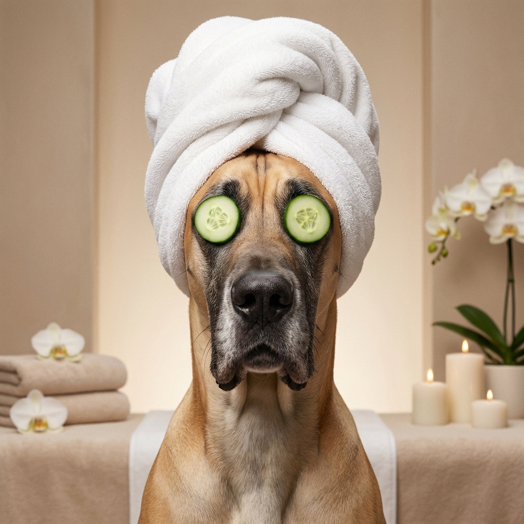 Great Dane spa portrait with cucumber eyes and towel turban