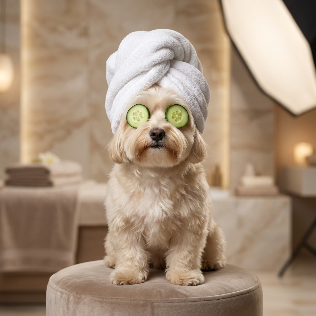 Havanese spa portrait with cucumber eyes and towel turban