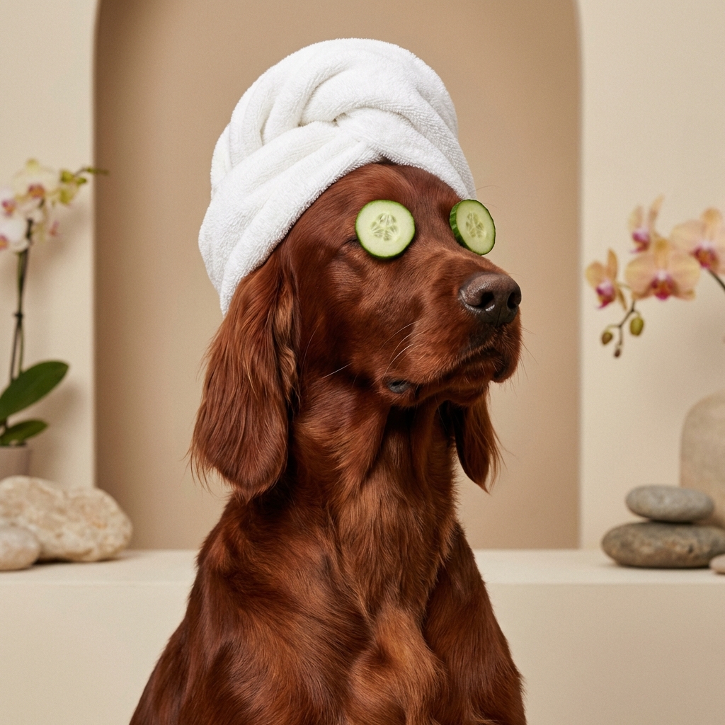 Irish Setter spa portrait with cucumber eyes and towel turban
