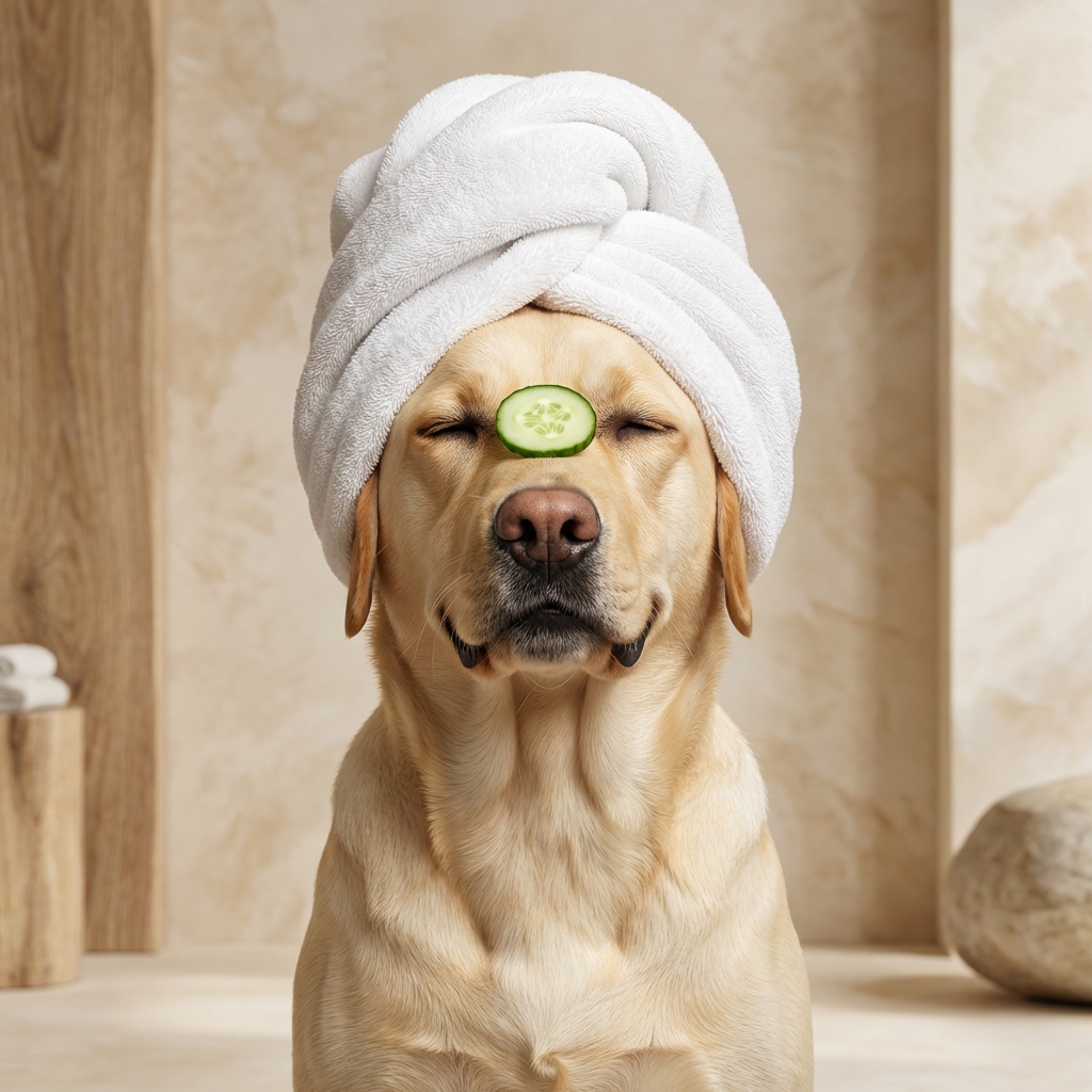 Labrador Retriever spa portrait with cucumber eyes and towel turban