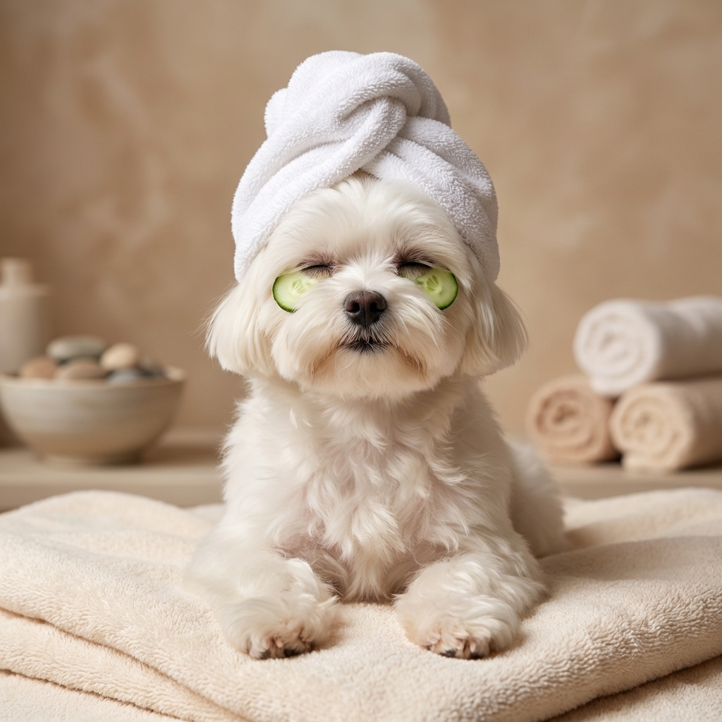 Maltese spa portrait with cucumber eyes and towel turban