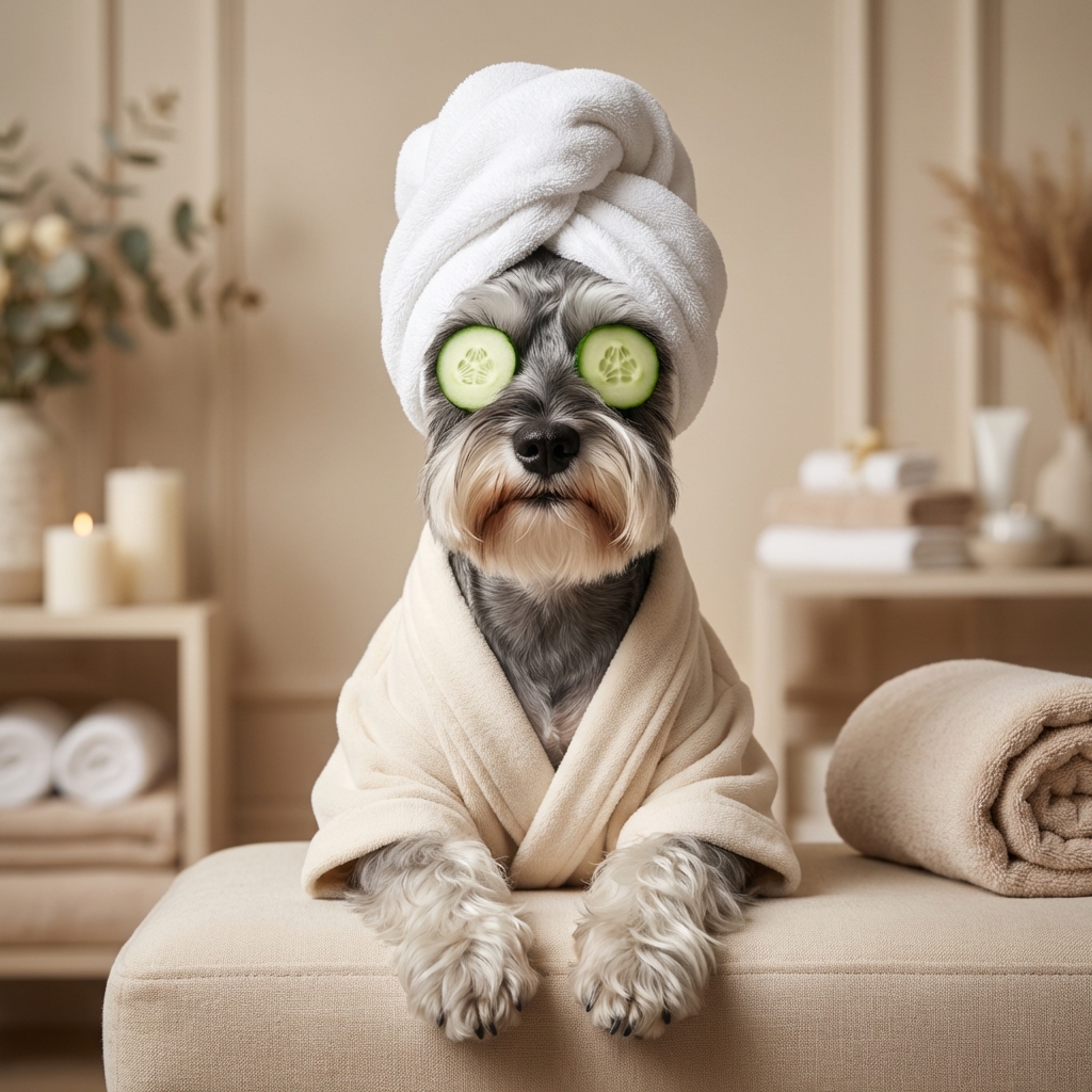 Miniature Schnauzer spa portrait with cucumber eyes and towel turban