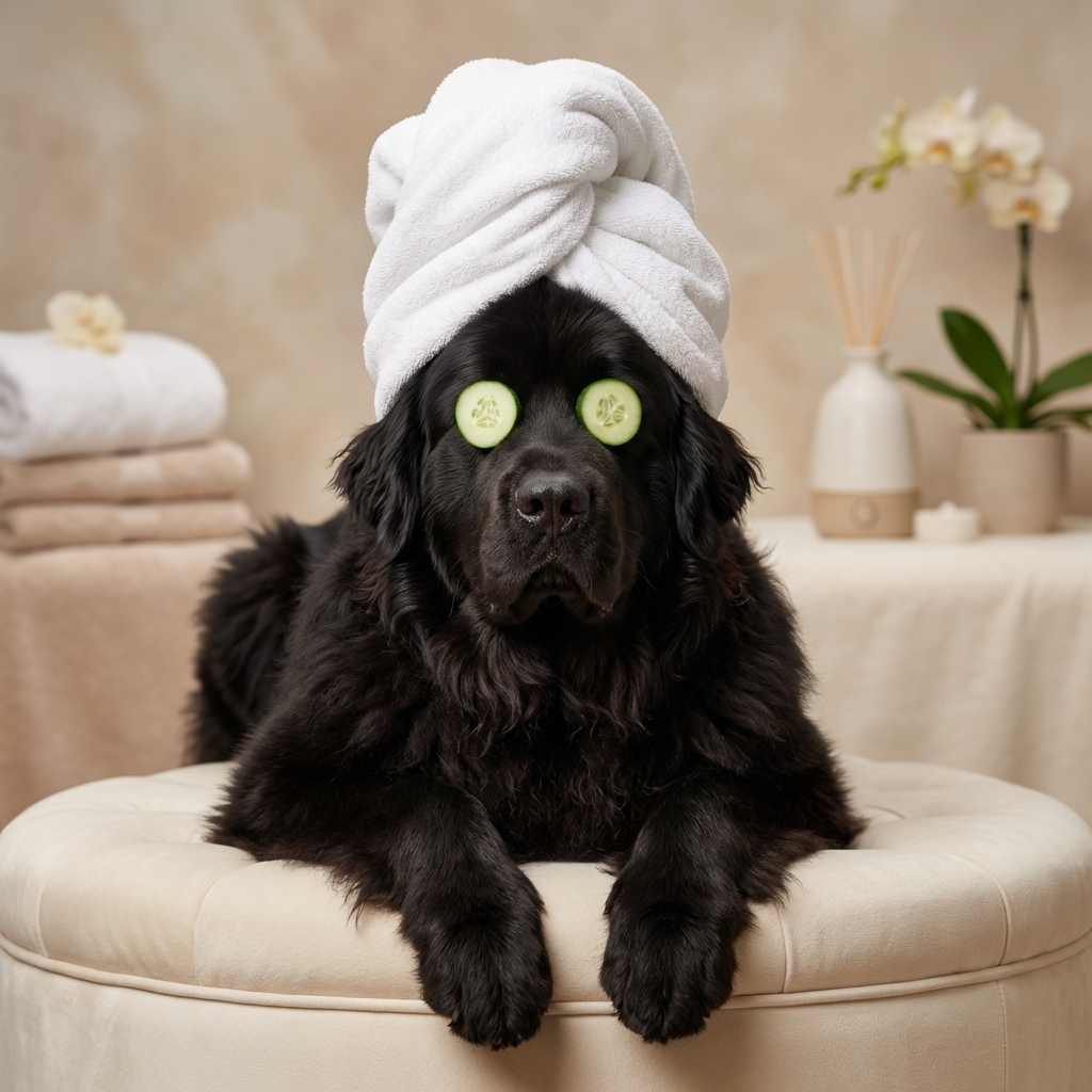 Newfoundland spa portrait with cucumber eyes and towel turban
