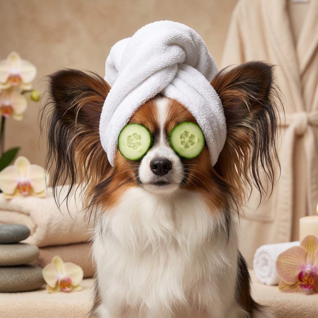 Papillon spa portrait with cucumber eyes and towel turban