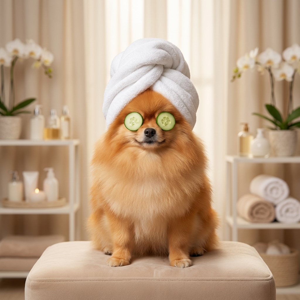 Pomeranian spa portrait with cucumber eyes and towel turban