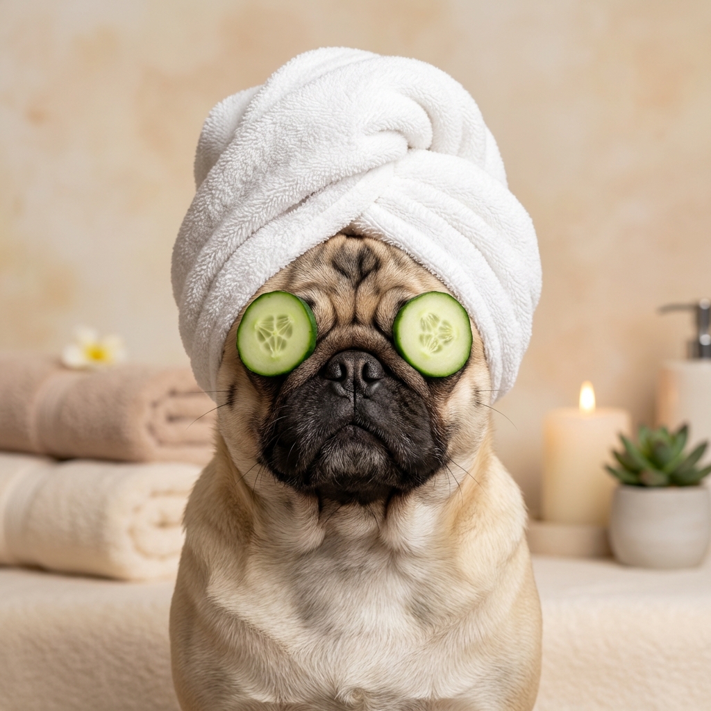 Pug spa portrait with cucumber eyes and towel turban