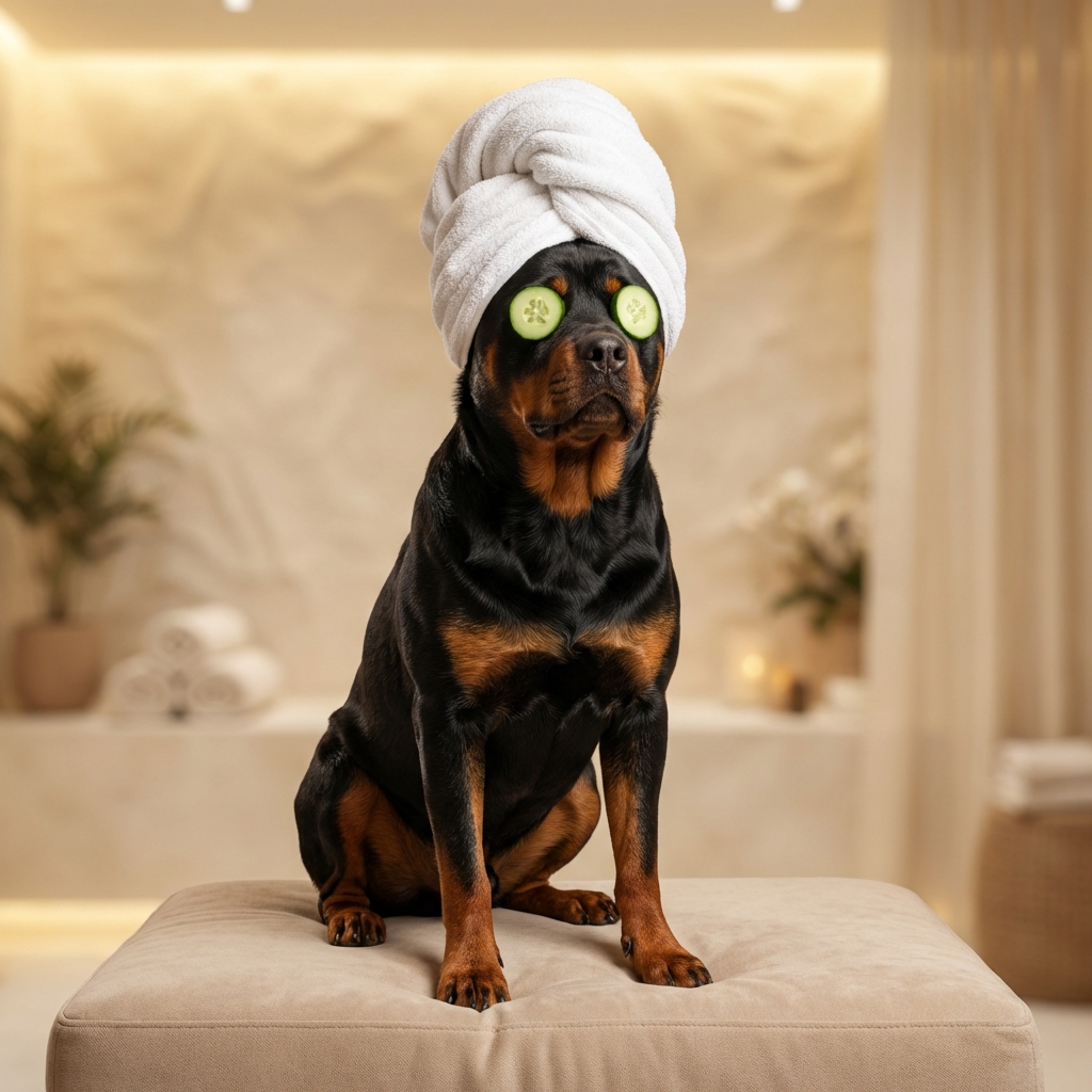 Rottweiler spa portrait with cucumber eyes and towel turban