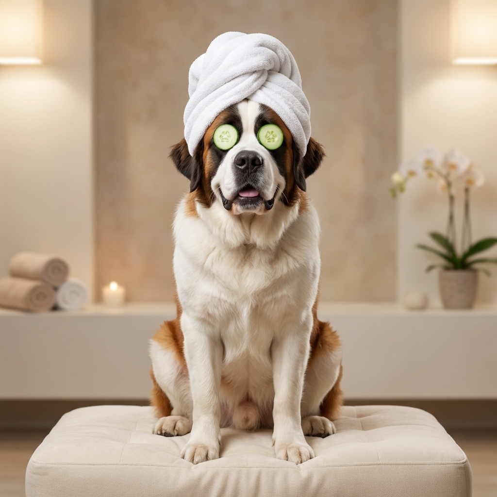 Saint Bernard spa portrait with cucumber eyes and towel turban