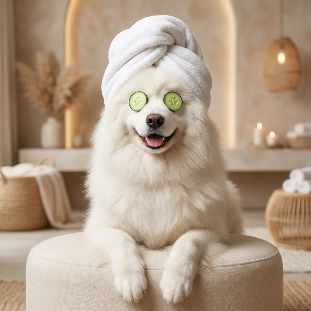 Samoyed spa portrait with cucumber eyes and towel turban