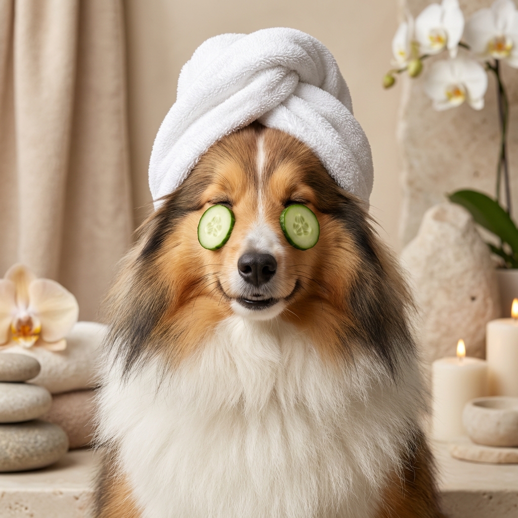 Shetland Sheepdog spa portrait with cucumber eyes and towel turban