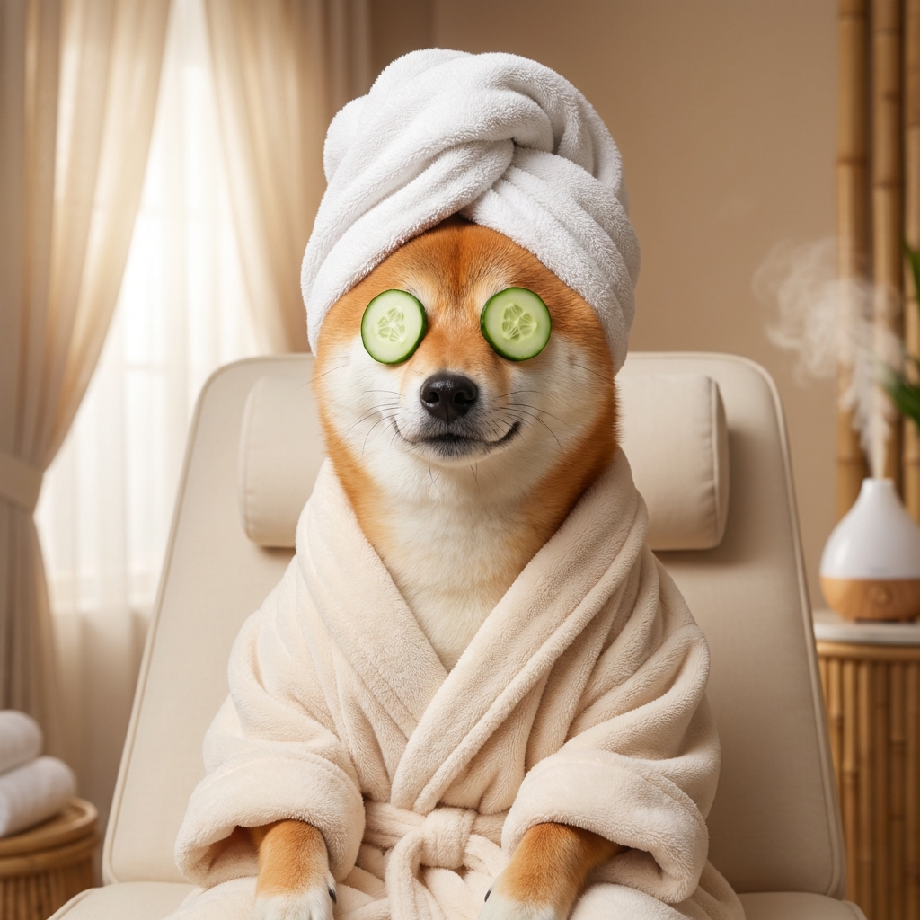 Shiba Inu spa portrait with cucumber eyes and towel turban