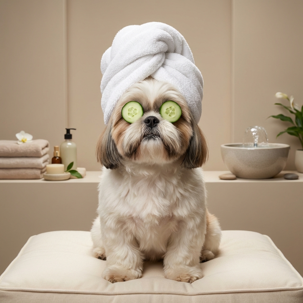 Shih Tzu spa portrait with cucumber eyes and towel turban