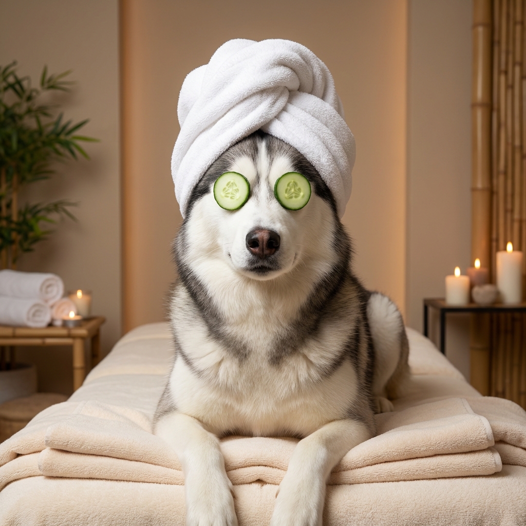 Siberian Husky spa portrait with cucumber eyes and towel turban